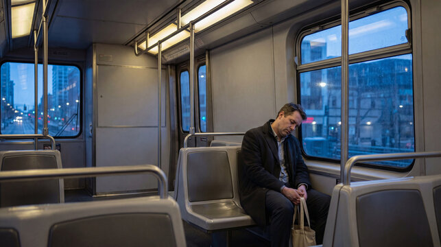Exhausted Office Worker on Morning Train Car During the Daily Commute