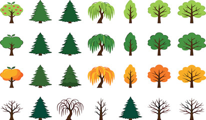 Flat design trees vector bundle featuring four seasons icons with green summer foliage yellow autumn leaves and bare winter branches © ALOMGIR