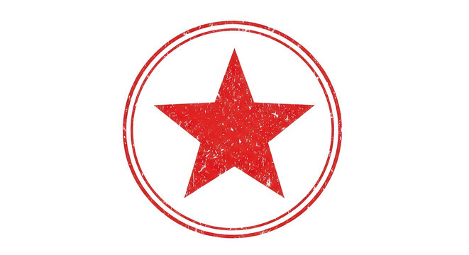 Red star icon inside a circular stamp frame isolated on transparent background