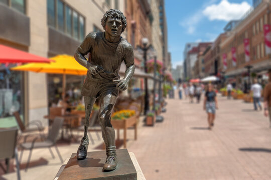 Ottawa, Ontario, Canada. July 18, 2026. A close-up view of the iconic Terry Fox bronze statue on the Sparks Street pedestrian mall.