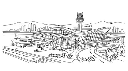 Obraz premium Airport Terminal Line Art Sketch with Control Tower and City Skyline