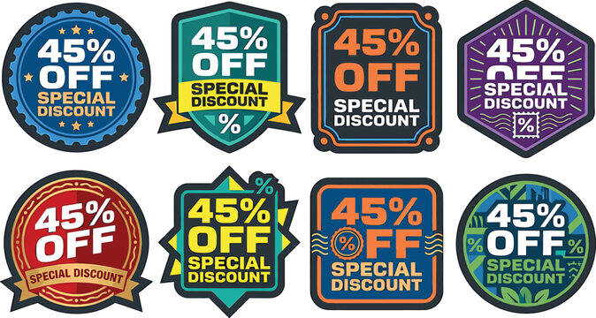 Forty five percent off special discount badges vector bundle featuring vintage retro labels for retail promotional shopping marketing campaigns