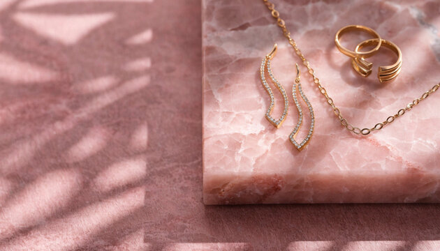 Elegant Gold Jewelry Set with Diamond Earrings and Rings on Pink Marble Block
