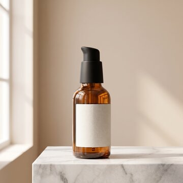 Amber glass skincare serum bottle mockup on marble podium