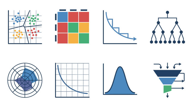 Confusion Matrix Chart and Gradient Descent Curve Symmetrical Grid Asset Sheet for Data Science Workshops