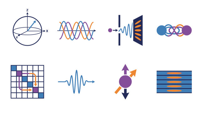 Bloch Sphere Model and Qubit Superposition Symmetrical Grid Asset Sheet for Quantum Computing Pitch Decks