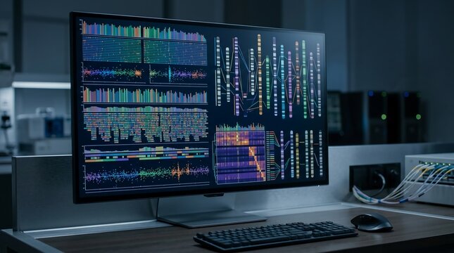 Computer screen displaying genetic sequencing data with chromosome charts