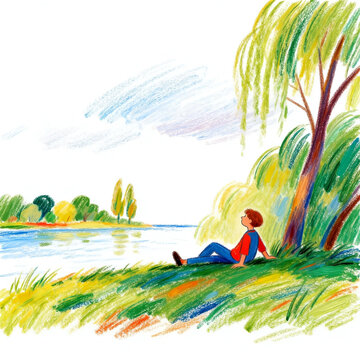 Boy Resting Under Weeping Willow by Calm Riverside