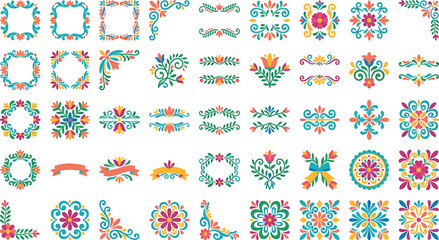 Mexican embroidery style vector elements set with colorful floral patterns, frames, wreaths, borders, dividers, and decorative folk art corners © ALOMGIR