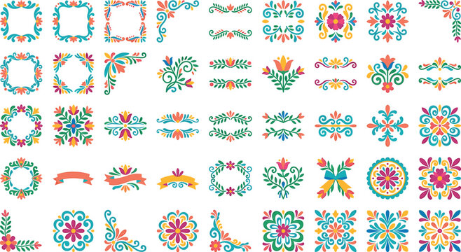 Mexican embroidery style vector elements set with colorful floral patterns, frames, wreaths, borders, dividers, and decorative folk art corners