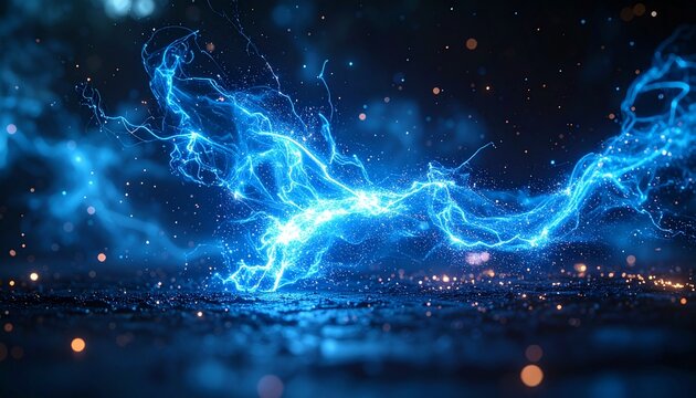 Mysterious invisible energy surges with glowing blue arcs. Abstract static electricity discharge illuminates dark urban skyline at night.