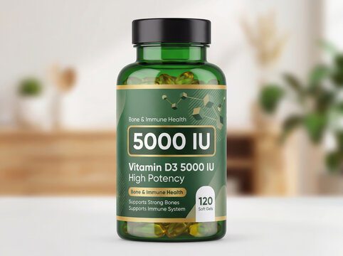 Bottle of Vitamin D3 5000 IU dietary supplement