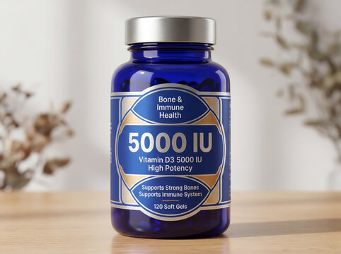 Bottle of Vitamin D3 5000 IU dietary supplement