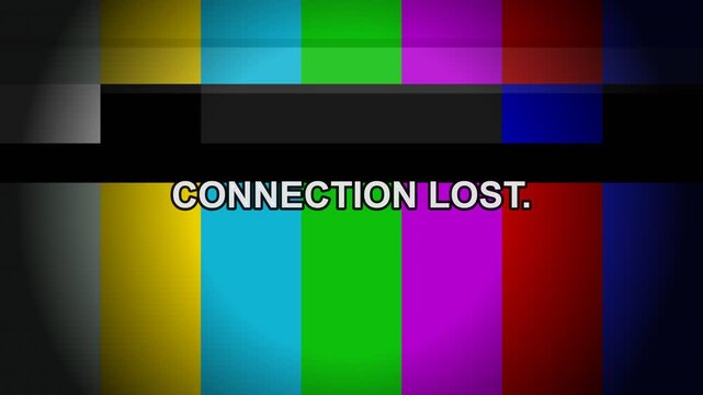 Connection lost text on colorful television test pattern background