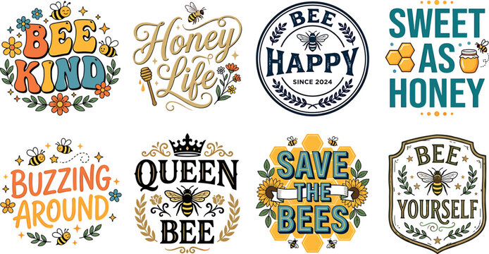 Honey bee typography retro vector badges set with bee kind honey life sweet as honey queen bee lettering designs collection