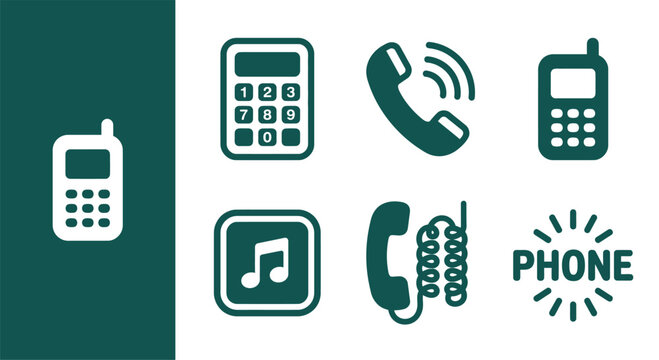 Minimal dark teal monochrome toy phone icon set featuring flat vector illustrations of a numeric pad, ringing handset, mobile device, music button, corded phone, and logo text.