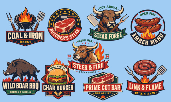 A collection of vintage-style BBQ and steakhouse logos featuring bulls, wild boars, grilled meats, burgers, and flames, perfect for restaurants and butcher shops.