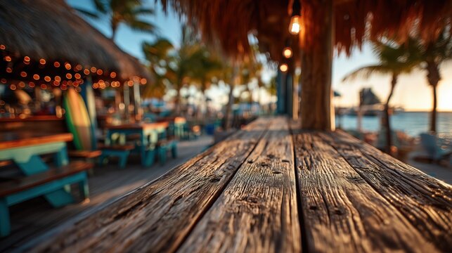 Rustic tiki bar driftwood counter with hanging lanterns, colorful surfboards and tropical sunset for product placement, Empty rustic wood counter foreground inside tiki palapa bar with surfboards