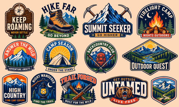 A collection of vintage outdoor adventure and camping badges featuring mountains, forests, campfires, and hiking gear, designed for exploration themes.