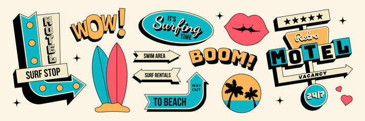 Obraz premium Retro sticker set. Surf motel signboards, beach direction signs, surfing boards, vacation words, comic phrases, tropical sunset and summer travel elements. Vector illustration in vintage style