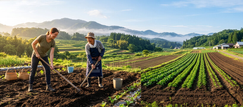 Traveler tilling the soil with a wooden hoe alongside a farmer (copy space included). Japanese agricultural experience tour
