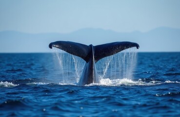 Naklejka premium Humpback whale dives deep in blue ocean water. Massive tail lifts above sea surface creating spray. Wildlife mammal surfaces for air. Marine fauna swims in open sea.