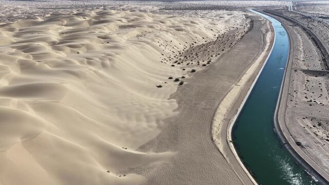 High angle aerial view of the All-American Canal winding alongside massive sand dunes in a California desert landscape