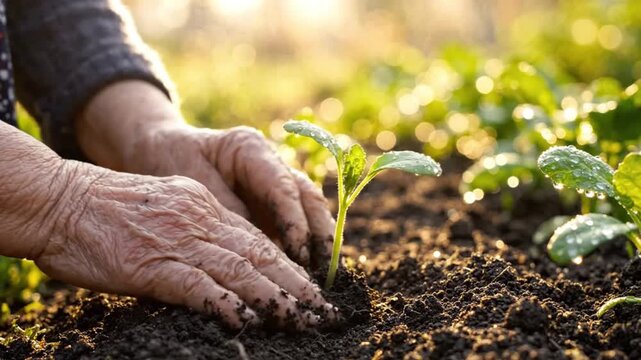 Senior Hands Planting Young Green Sprout in Garden at Sunset