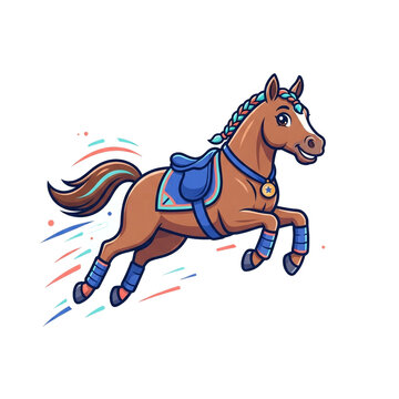 Cute cartoon horse running with a saddle on a black background