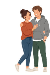 Fototapeta premium Happy couple smiling together in modern flat design. Joyful partners embracing with cheerful expressions in vector illustration.