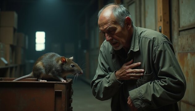 Sick elderly man feels chest pain in dark warehouse near big grey rat. Senior worker suffers from hantavirus symptoms standing by pest rodent inside storage facility. Ill person holds heart area in
