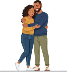 Fototapeta premium Happy couple embracing and kissing in romantic moment. Affectionate partners sharing love and joy in stylized vector illustration.