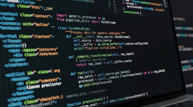 Close-up of computer screen displaying complex software source code, data pipeline script and class definition for generic analysis, programming interface concept.