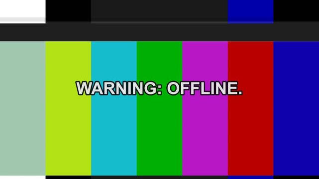 Warning offline text overlay on colorful television test pattern bars