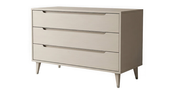 Modern wooden dresser with three drawers for bedroom storage furniture isolated on transparent background