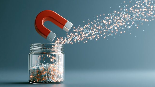 Giant horseshoe magnet attracting a stream of glowing sparkles into a glass jar, customer attraction marketing concept