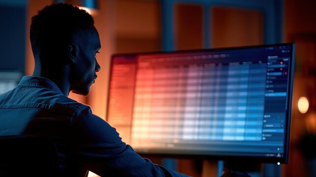 Glowing AI assistant side panel hovering beside a large spreadsheet on a dark screen, productivity software concept