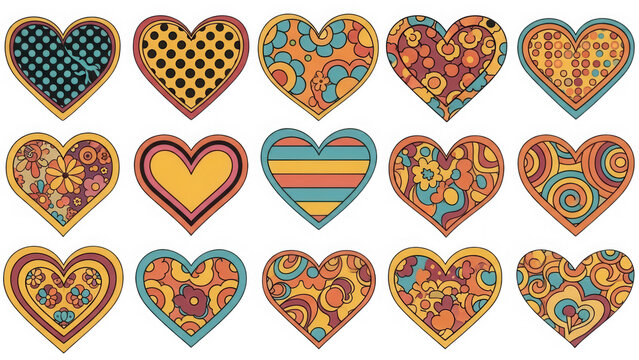 Collection of colorful pixel art hearts with various patterns isolated on transparent background