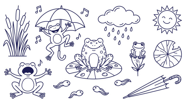 Cartoon frog icons and weather elements with cattails tadpoles and umbrella.