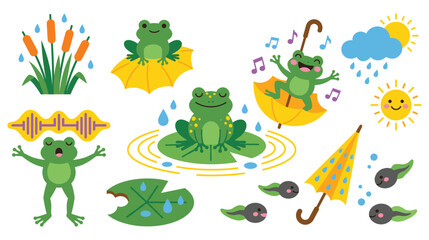 Fototapeta premium Collection of cute frog icons with umbrellas weather rain sun tadpoles and nature elements.