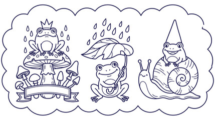 Coloring page with cute frogs sitting on mushroom holding leaf and riding snail character. © KALPANA AKTER