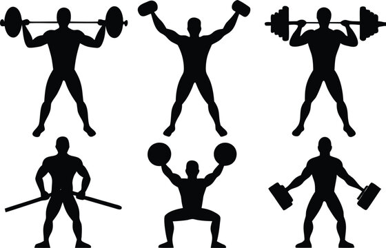 Black silhouettes of people exercising with gym weights Vector