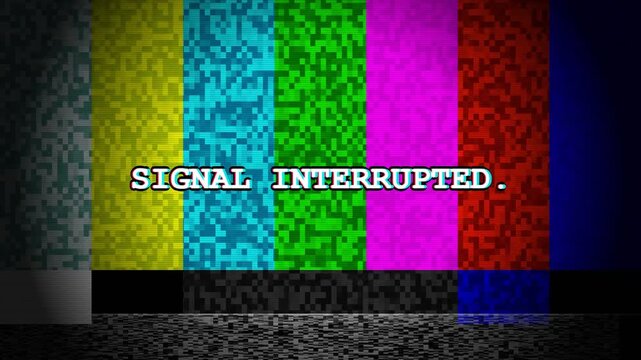 Signal interrupted text overlay on colorful vintage television test pattern