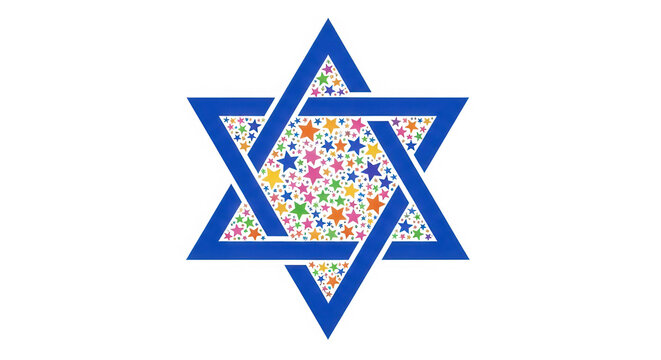 Blue Star of David symbol with colorful confetti pattern inside isolated on transparent background