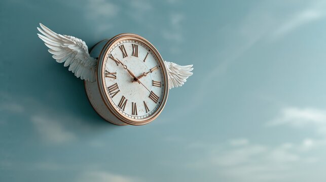 Round wall clock with small white wings flying gently through a soft blue sky, time flies concept