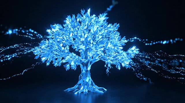 Glowing digital tree with blue data light