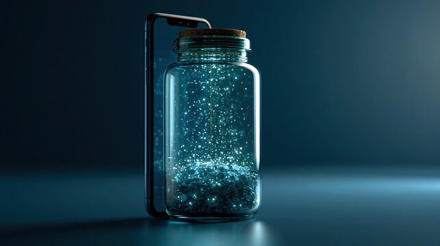 Smartphone standing upright with a glowing jar of light on its screen, saving digital memories concept