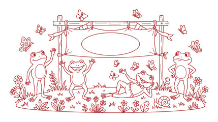 Cute cartoon frogs with butterflies and snail on the grass with banner. © KALPANA AKTER