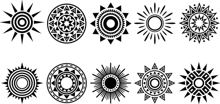Ethnic tribal sun mandala icon vector set featuring abstract black geometric sunburst silhouettes and aztec pattern design elements.