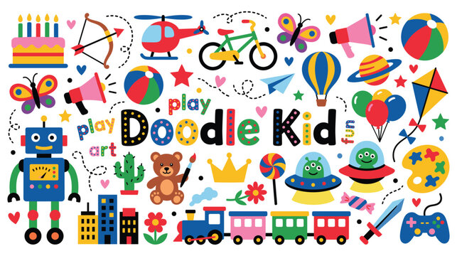 Doodle kids text with toys and objects for children on white background.